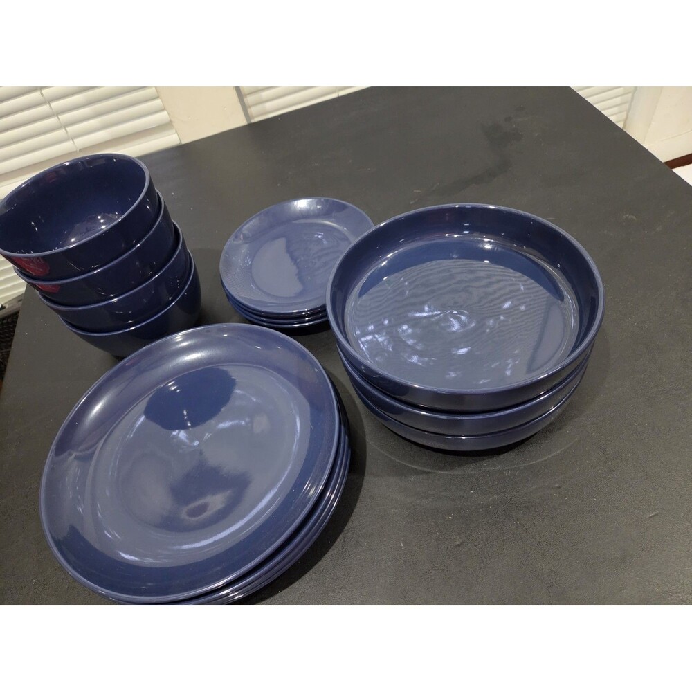 Project 62 Blue Stoneware 15-Piece Dinner Set Plates & Bowls Microwave Safe